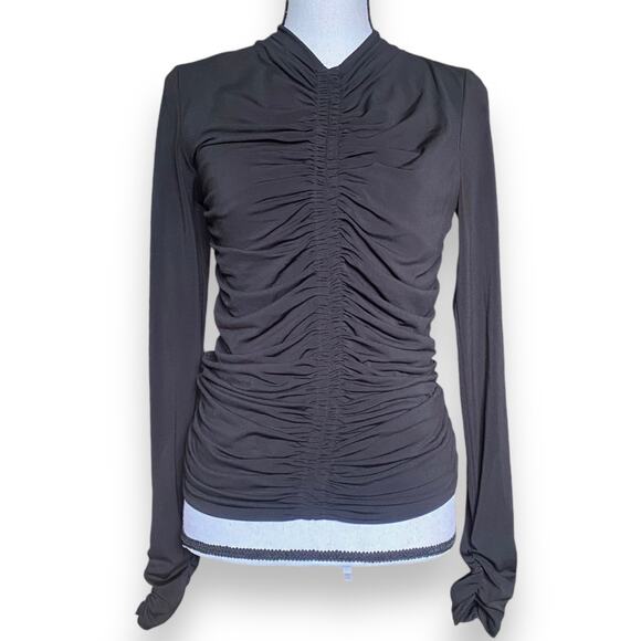 Rachel Parcell Ruched Soft Stretch Top Fits XS/S Black Long Sleeve High V Neck - Picture 3 of 11
